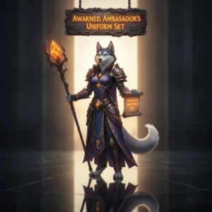 An anthropomorphic husky character depicted in an ornate Awakened Ambassador's Uniform Set, inspired by WoW Midnight fantasy game content and cosmetic collection objectives.