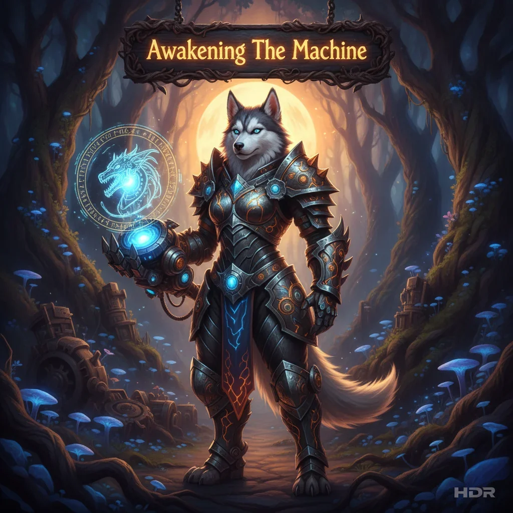 Anthropomorphic Husky in fantasy armor, within a mechanical environment. Artwork representing content for activating machine systems and technological objectives in a game.