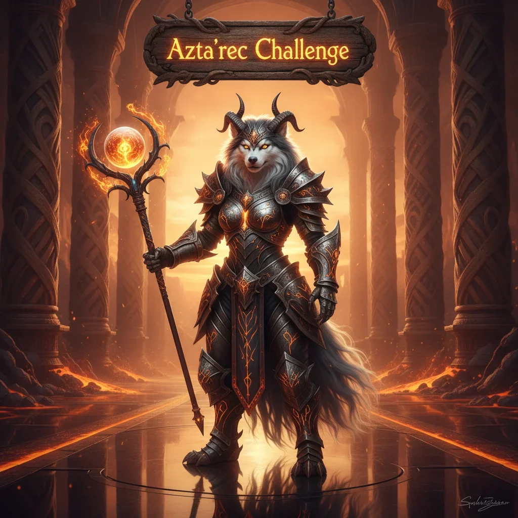 Fantasy artwork with an anthropomorphic husky adventurer, wearing armor, representing the Azta’rec Challenge content in a dark WoW Midnight inspired environment.