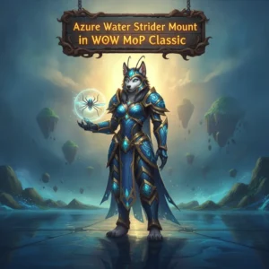 Artwork featuring an anthropomorphic Husky character riding an Azure Water Strider mount in a fantasy game setting related to Mists of Pandaria Classic content.