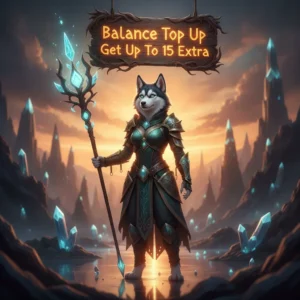 Anthropomorphic husky character in fantasy armor, set in a dark, mystical environment, representing in-game balance top-up rewards and bonus boosts.