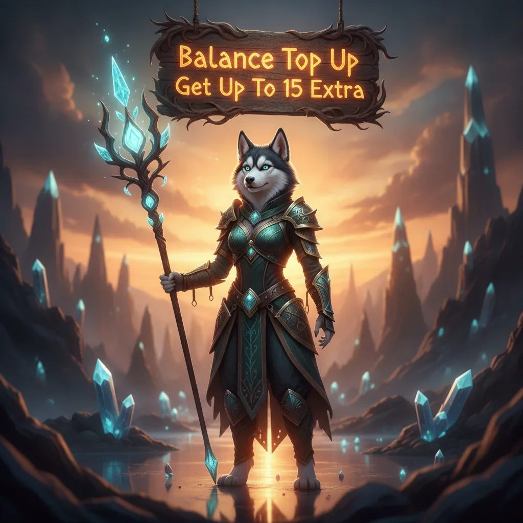 Anthropomorphic husky character in fantasy armor, set in a dark, mystical environment, representing in-game balance top-up rewards and bonus boosts.