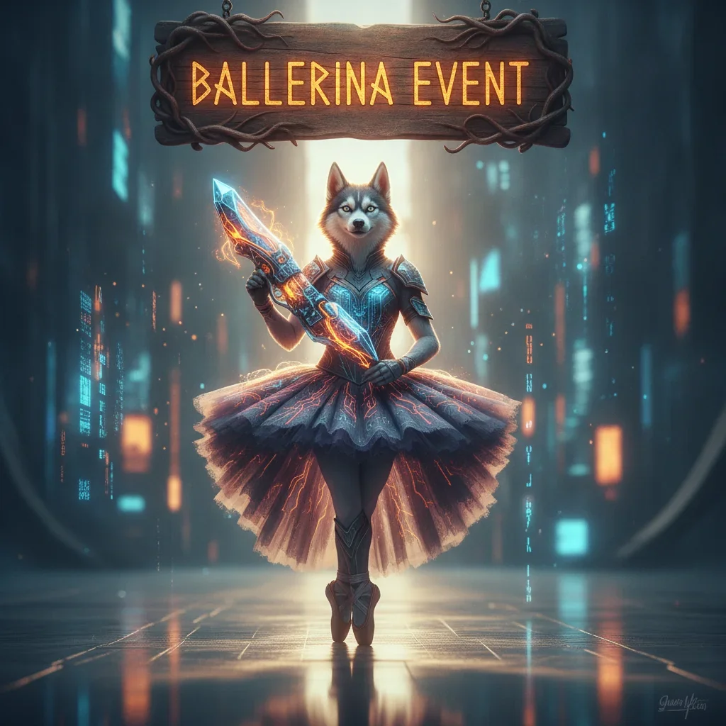 Anthropomorphic Husky in a graceful, event-themed outfit, set in a fantasy game environment, representing the Call of Duty Black Ops 6 Ballerina Event content.