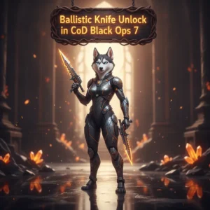 Fantasy artwork featuring an anthropomorphic Husky character in tactical-fantasy attire, representing Ballistic Knife unlock challenges in Call of Duty Black Ops 7.