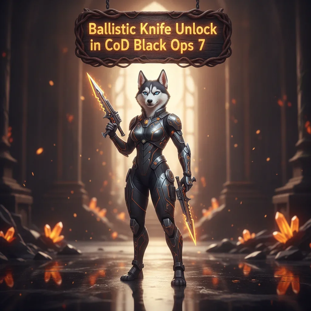 Fantasy artwork featuring an anthropomorphic Husky character in tactical-fantasy attire, representing Ballistic Knife unlock challenges in Call of Duty Black Ops 7.