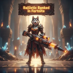 Fantasy artwork inspired by Fortnite's Ballistic Ranked Boost, featuring an anthropomorphic Husky character in a dynamic, competitive game-themed environment.