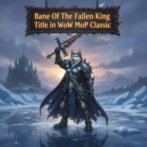 Fantasy artwork featuring an anthropomorphic husky character in armor, themed around the 'Bane of the Fallen King' title from WoW Mists of Pandaria Classic.