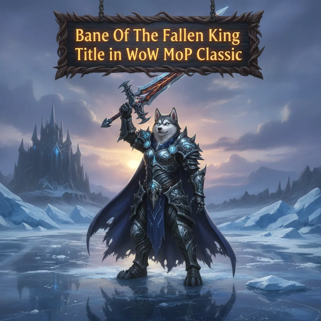 Fantasy artwork featuring an anthropomorphic husky character in armor, themed around the 'Bane of the Fallen King' title from WoW Mists of Pandaria Classic.