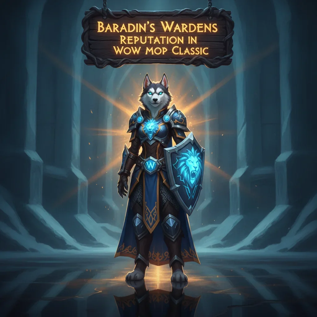 Fantasy artwork featuring an anthropomorphic Husky character, themed around Baradin's Wardens reputation in World of Warcraft.