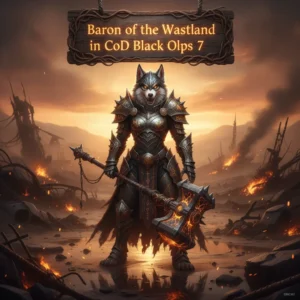 Fantasy artwork featuring an anthropomorphic Husky character, representing the Baron of the Wasteland title and content in a Call of Duty Black Ops 7 inspired post-apocalyptic environment, showcasing challenge-related objectives.