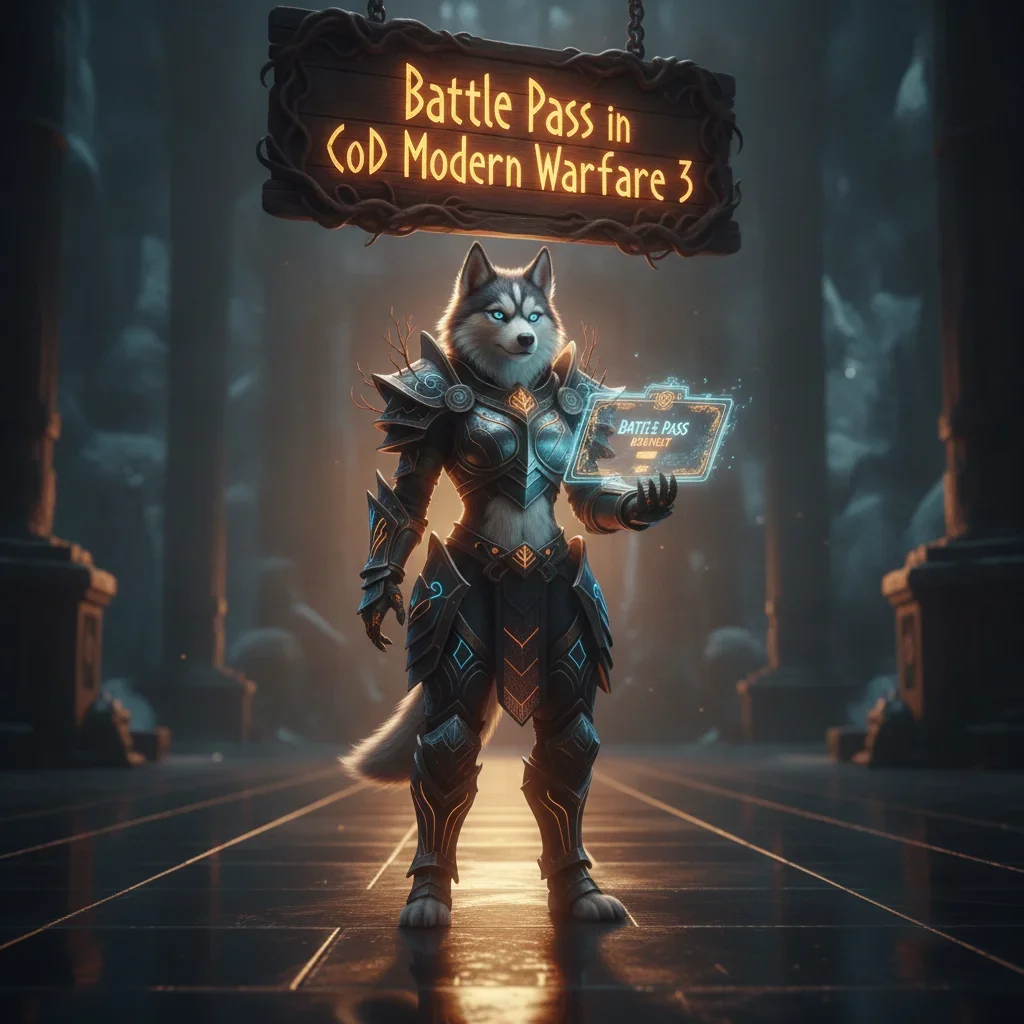 Anthropomorphic Husky in fantasy attire within a game-inspired environment. Artwork represents Battle Pass content, seasonal objectives, and progression systems for Modern Warfare 3.