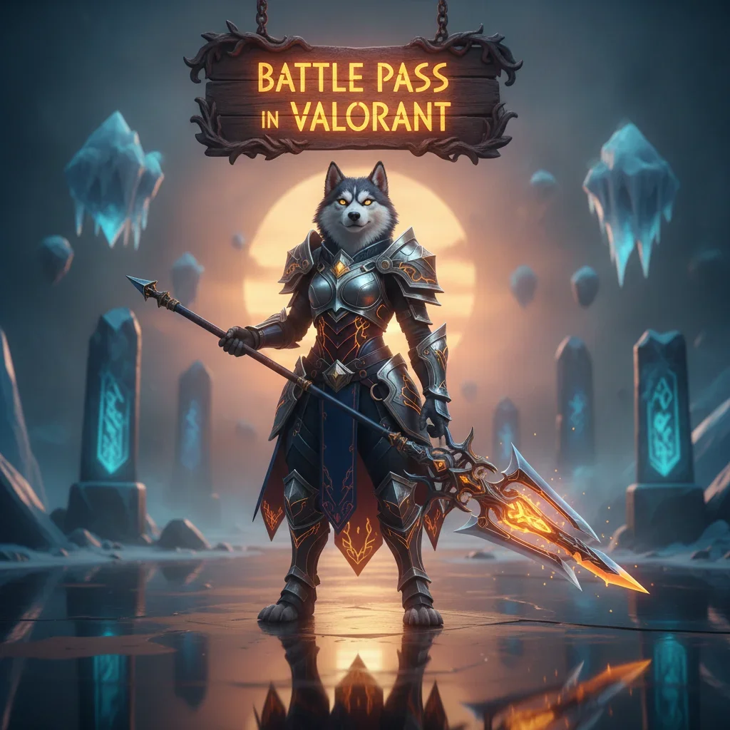 Anthropomorphic Husky character in fantasy armor, set in a mystical game-inspired environment, representing Battle Pass content, seasonal objectives, and related rewards.