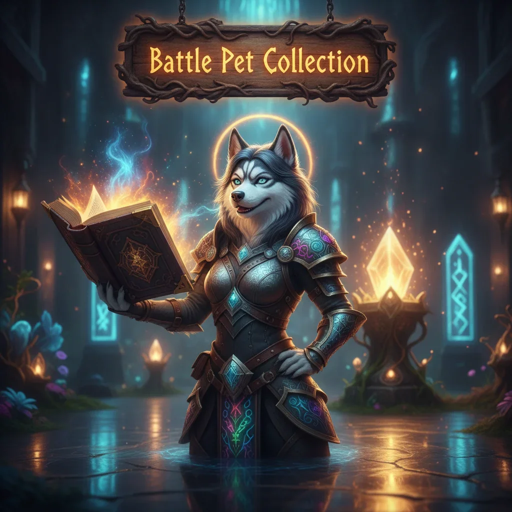 Fantasy artwork featuring an anthropomorphic husky character amidst a magical environment, representing Battle Pet collection content and objectives for game players.
