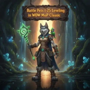 A fantasy game-inspired image featuring an anthropomorphic Husky character in a themed outfit, related to Battle Pets 1-25 Leveling in WoW Mists of Pandaria Classic.