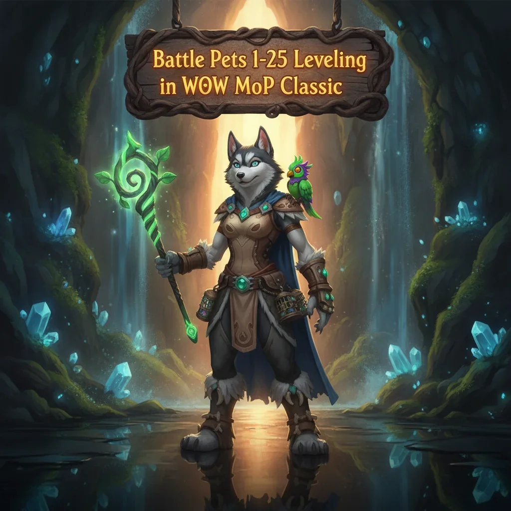 A fantasy game-inspired image featuring an anthropomorphic Husky character in a themed outfit, related to Battle Pets 1-25 Leveling in WoW Mists of Pandaria Classic.