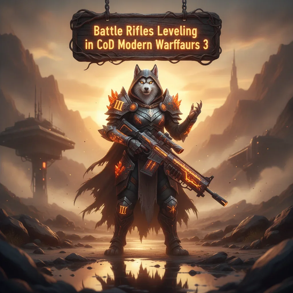 An anthropomorphic Husky in fantasy armor, set in a mystical environment. This artwork is themed around Battle Rifle weapon leveling and equipment progression content.