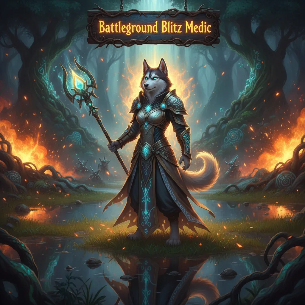 Anthropomorphic Husky character in fantasy armor, embodying a medic's role for Battleground Blitz content in a dark, game-inspired environment.
