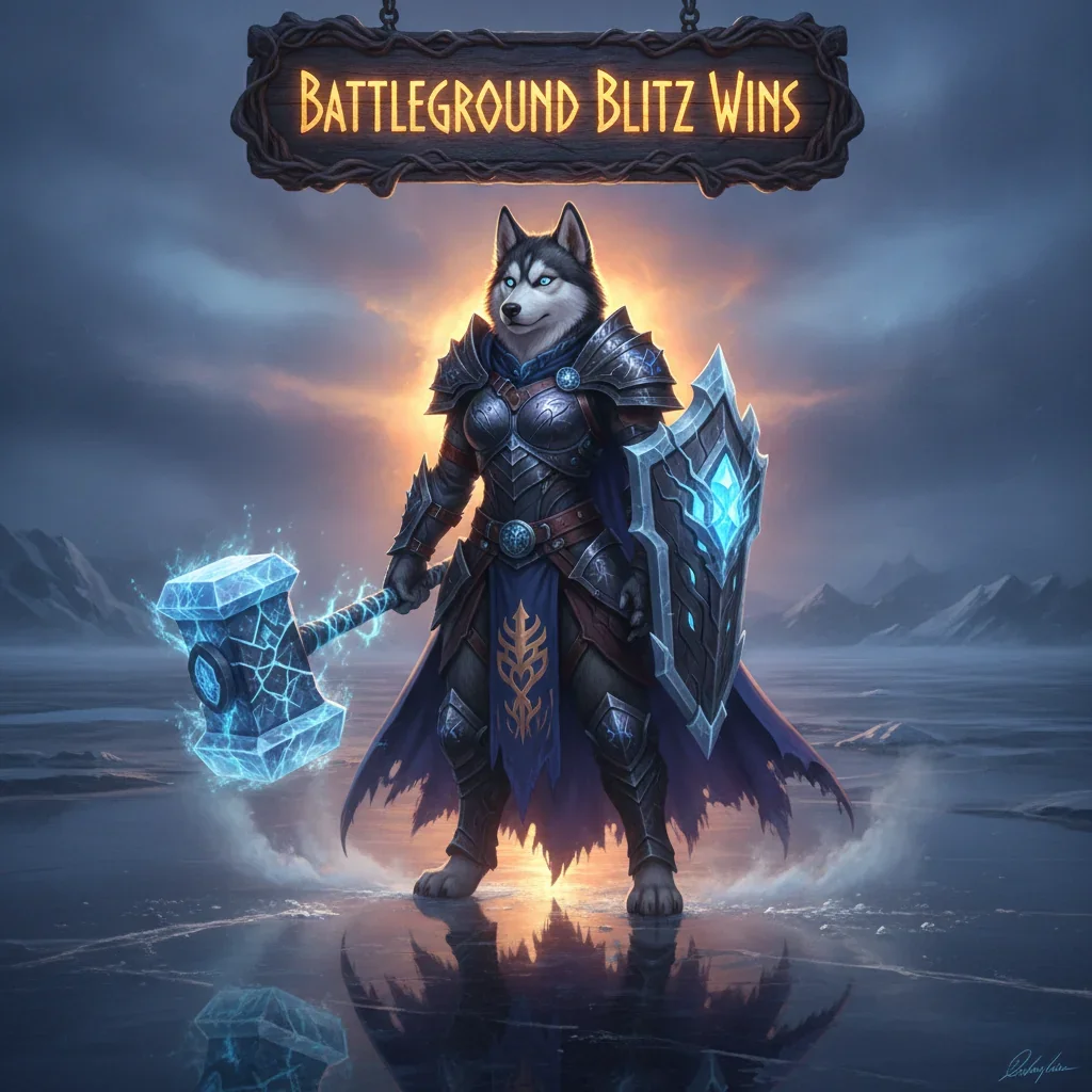 A brave anthropomorphic Husky character in intricate fantasy armor stands within a darkened, game-inspired battleground, reflecting objectives for competitive PvP wins.