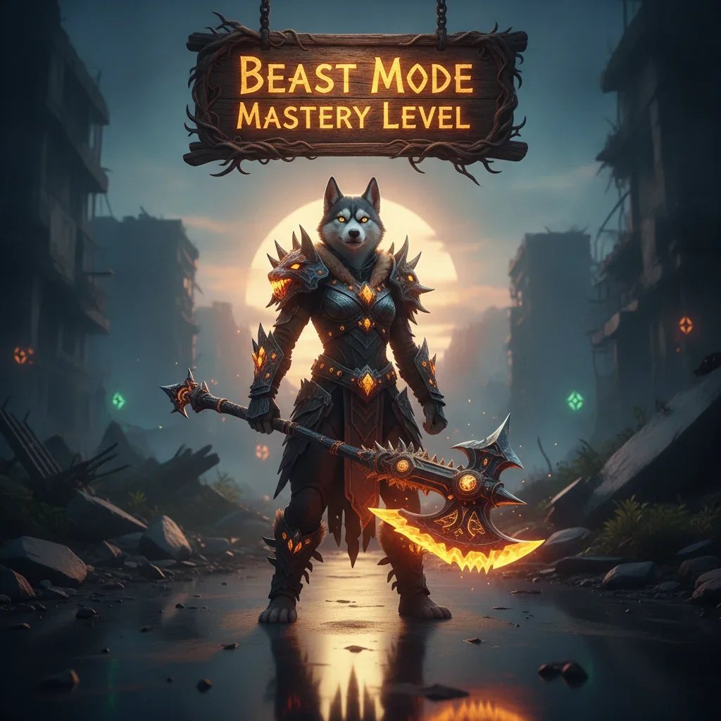 Fantasy game artwork featuring an anthropomorphic Husky in armored robes, representing advanced Beast Mode content and character skill development in a mystical environment.