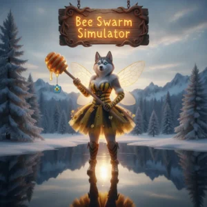 Fantasy game artwork featuring an anthropomorphic husky character in an environment inspired by Bee Swarm Simulator gameplay.