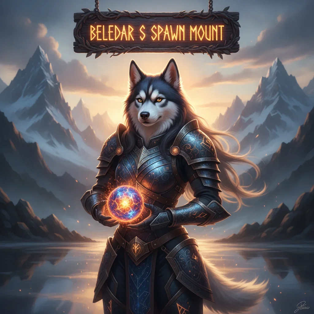 Artwork of an anthropomorphic Husky in ornate fantasy armor, set in a mystical landscape, representing Beledar S mount acquisition and rare spawn objectives.