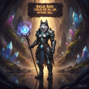 Anthropomorphic husky character in fantasy armor, representing the Belo Ren Child Of Al Ar Mythic raid challenge in World of Warcraft Midnight. Epic fantasy environment.