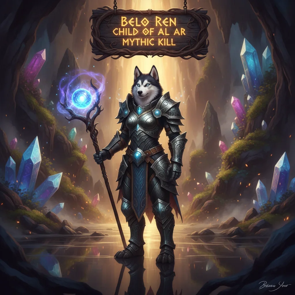 Anthropomorphic husky character in fantasy armor, representing the Belo Ren Child Of Al Ar Mythic raid challenge in World of Warcraft Midnight. Epic fantasy environment.