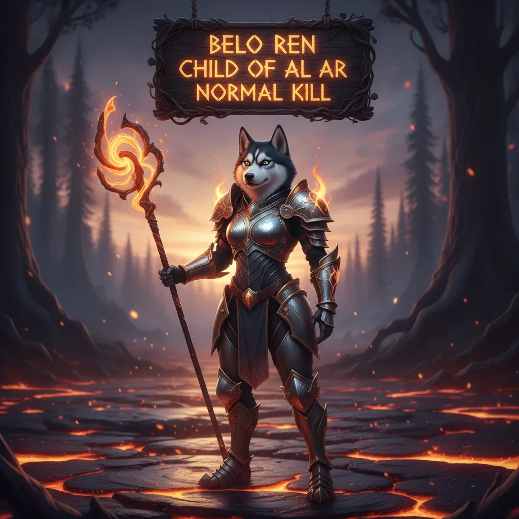 Fantasy artwork depicting an anthropomorphic husky character in an enchanted setting, themed around the Belo Ren Child Of Al Ar normal kill objective in WoW Midnight.