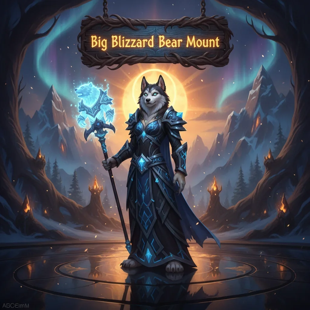 Anthropomorphic husky character in fantasy attire within a blizzard environment, representing Big Blizzard Bear mount collection objectives and related game content.