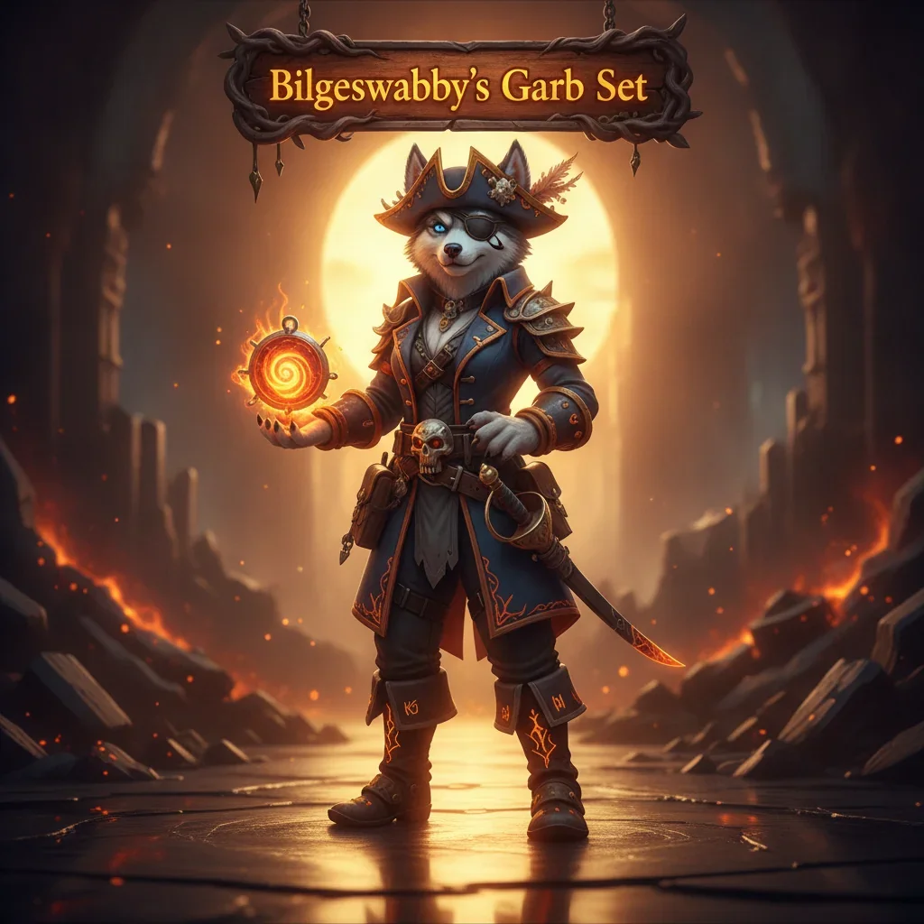 Anthropomorphic husky character in fantasy attire, representing the Bilgeswabby’s Garb Set acquisition content for WoW Midnight, set in a mystical game-inspired environment.