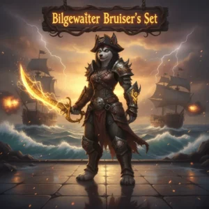 Anthropomorphic Husky character in rugged fantasy bruiser armor, representing the Bilgewater Bruiser’s Set content in WoW Midnight, within a dark, game-inspired environment.