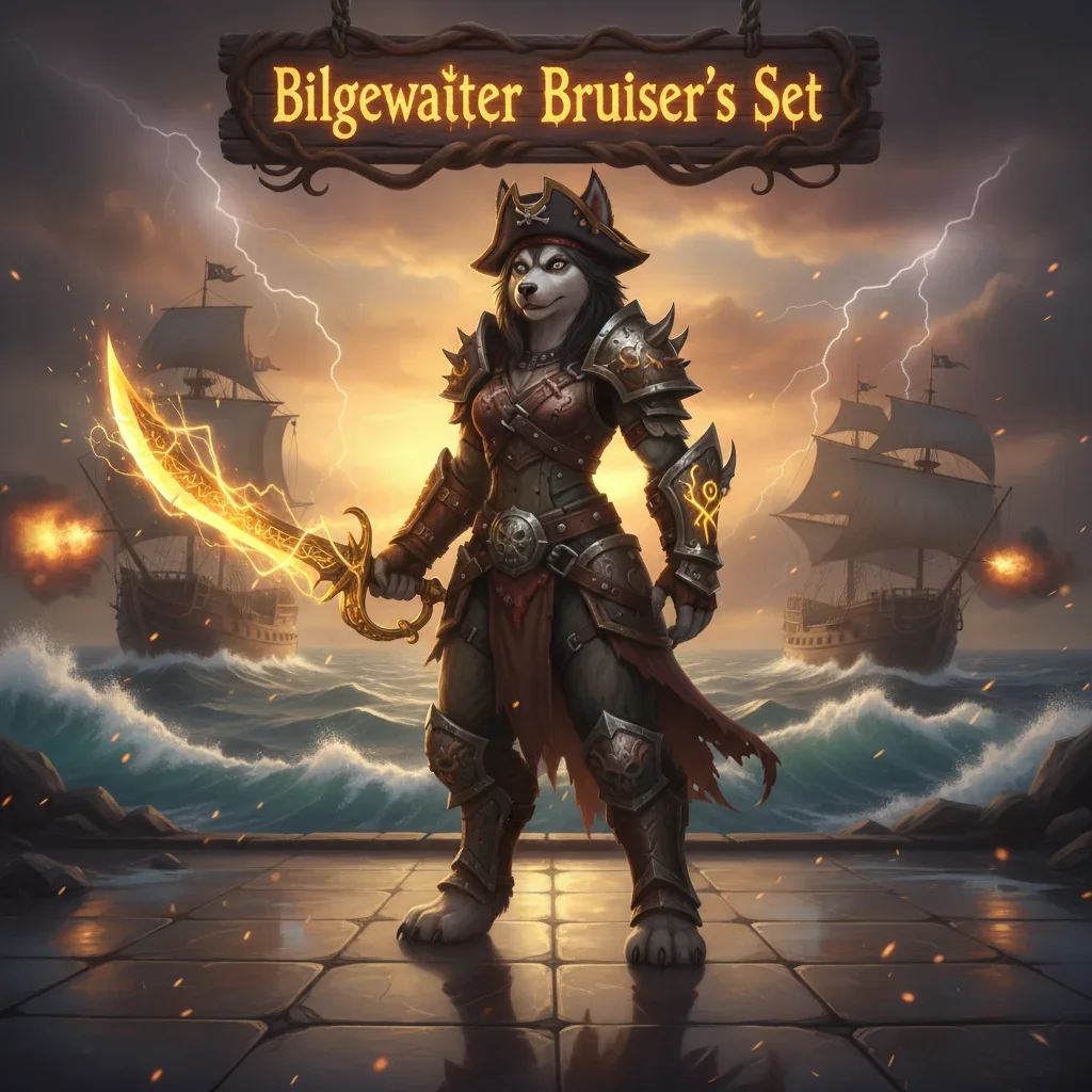 Anthropomorphic Husky character in rugged fantasy bruiser armor, representing the Bilgewater Bruiser’s Set content in WoW Midnight, within a dark, game-inspired environment.