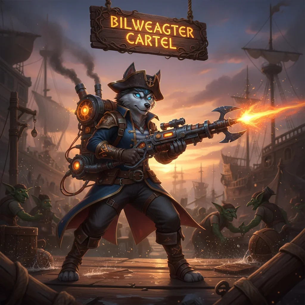 Fantasy artwork featuring an anthropomorphic husky character in a themed outfit, representing Bilgewater Cartel objectives and content in World of Warcraft Midnight.