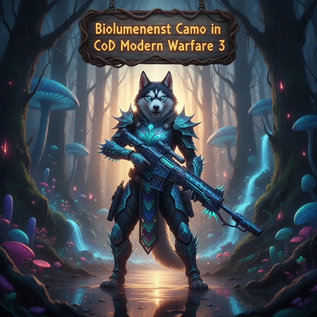 An anthropomorphic husky character in fantasy tactical gear, glowing with bioluminescent camouflage against a dark, mystical backdrop, representing unique game cosmetic unlocks.
