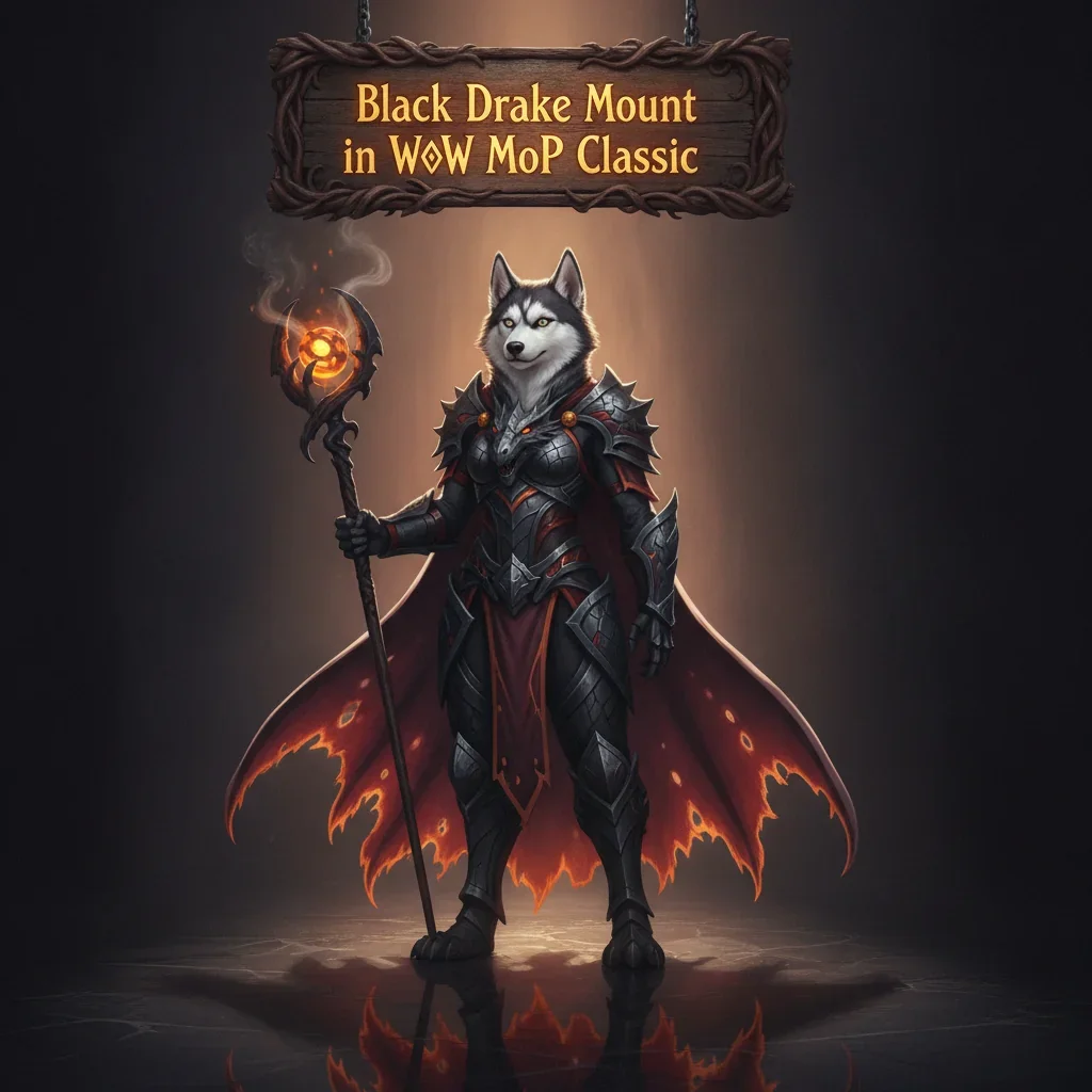 Fantasy artwork featuring an anthropomorphic Husky character riding a Black Drake, inspired by WoW Mists of Pandaria Classic mount content.