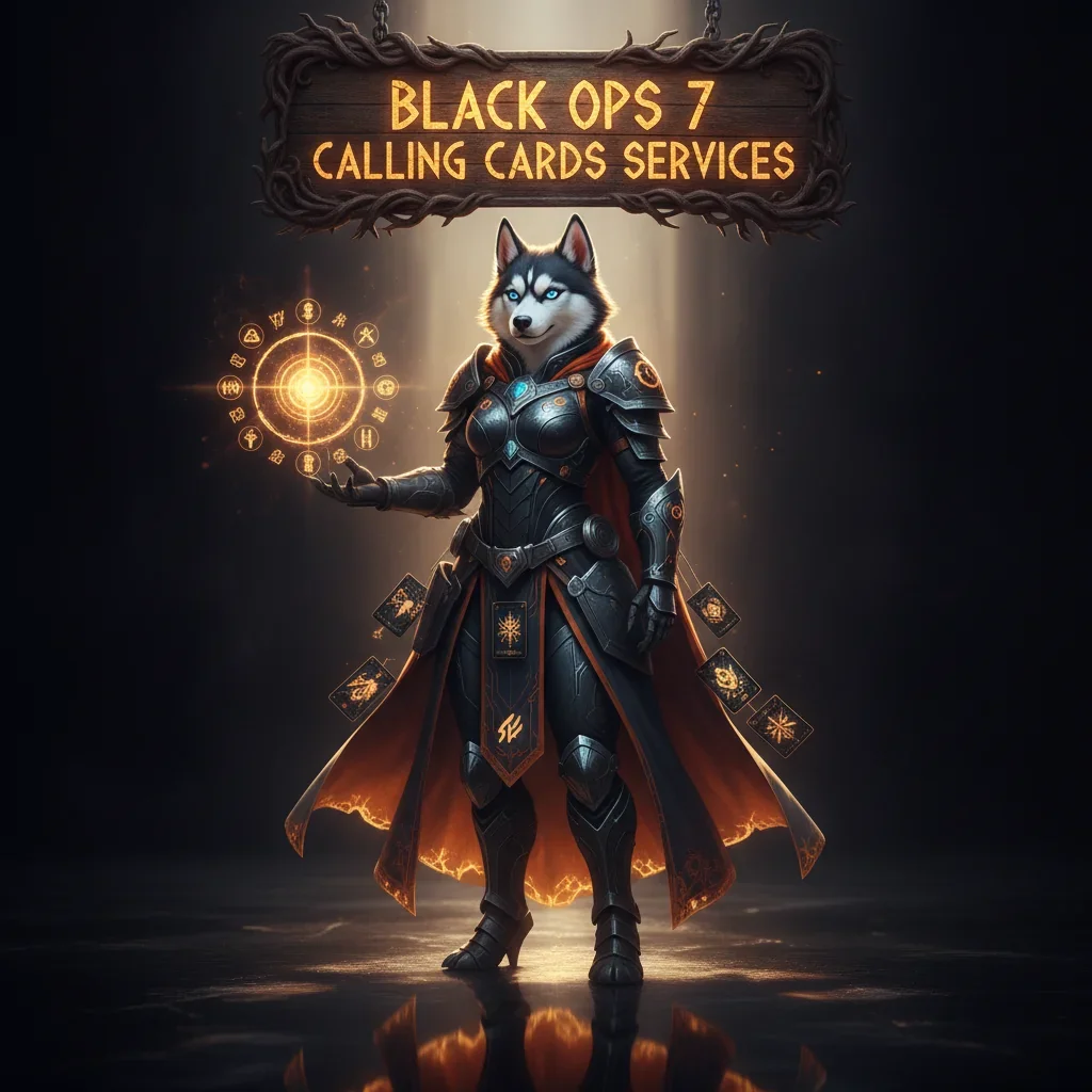 Fantasy game-inspired artwork featuring an anthropomorphic Husky character themed around Call of Duty Calling Cards.