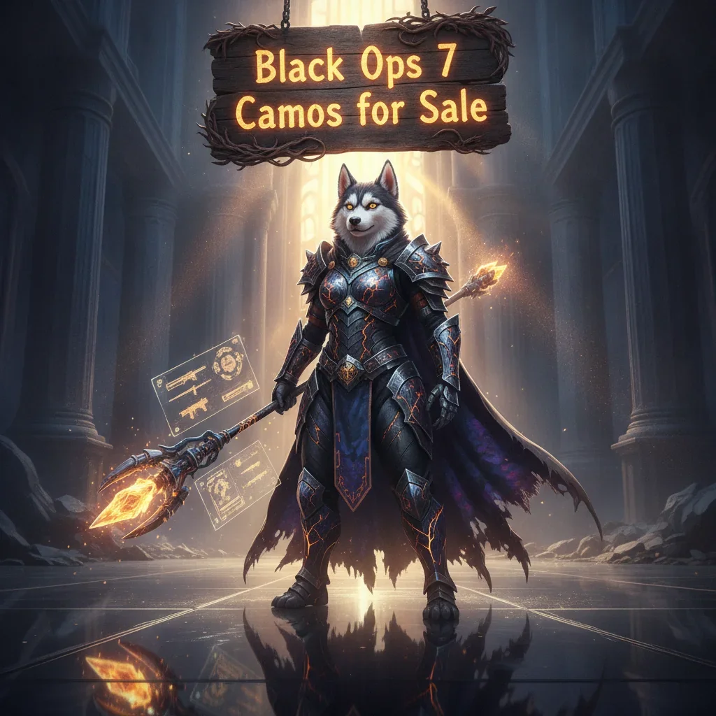 An anthropomorphic Husky character in fantasy armor, set in a game-inspired environment, themed around Black Ops 7 camos.