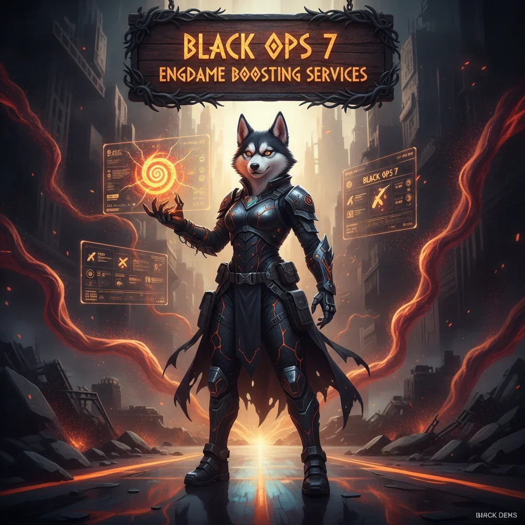 An anthropomorphic husky character in fantasy attire, representing endgame content and objectives in a game-inspired setting.