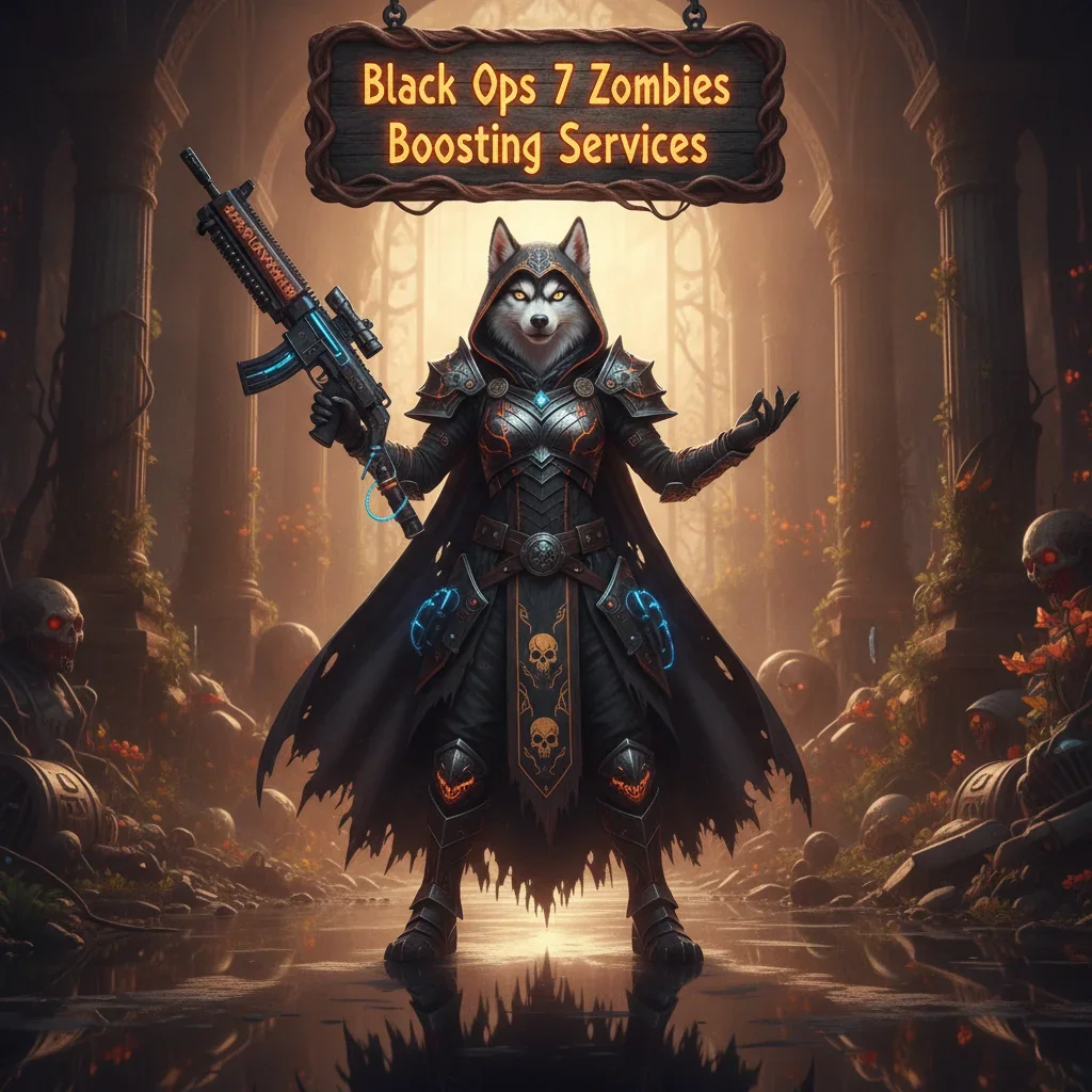 An anthropomorphic Husky character in fantasy attire, against a backdrop of Black Ops 7 Zombies-inspired game content.