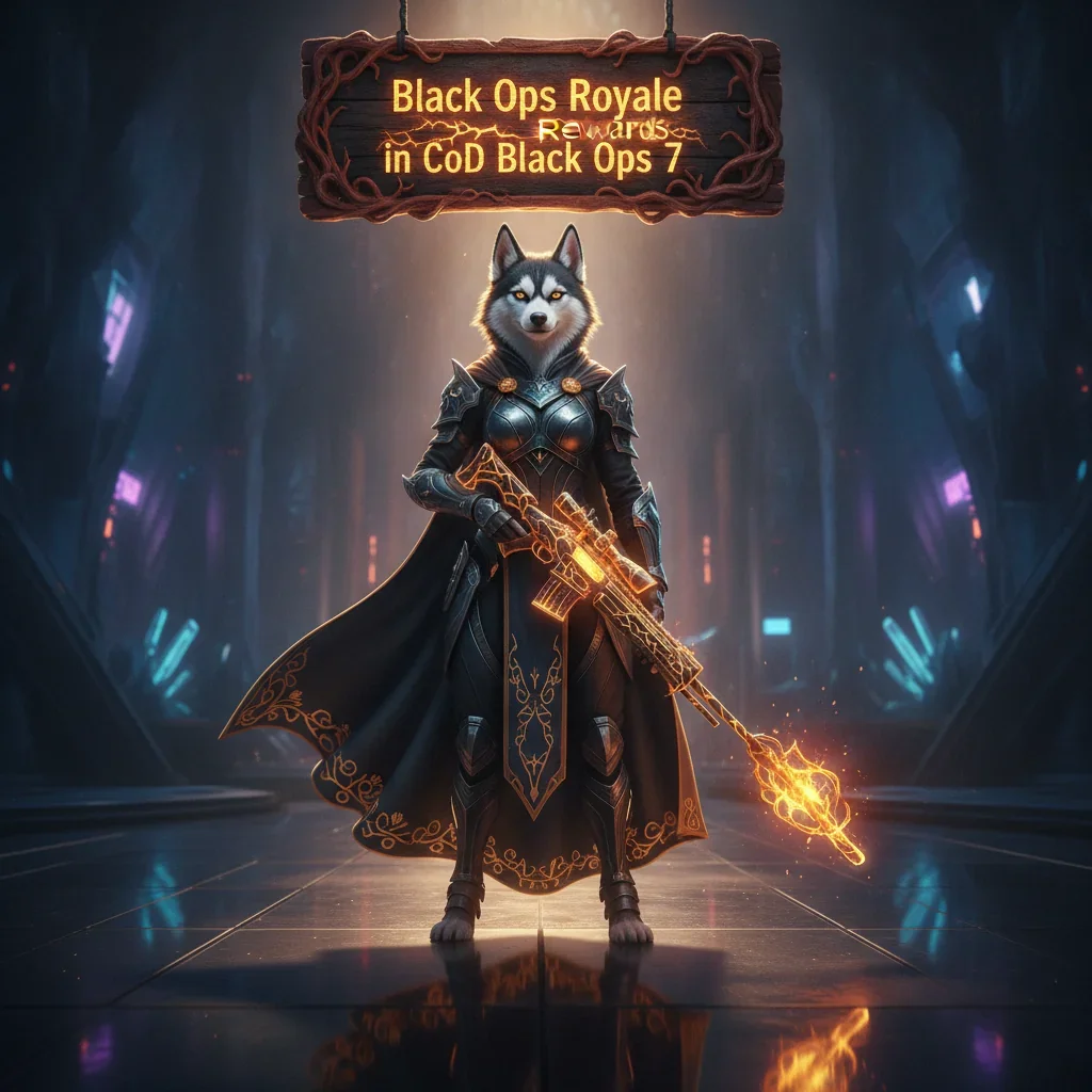 Fantasy artwork of an anthropomorphic Husky character in tactical-fantasy armor, representing rewards for Black Ops Royale objectives in a game themed like CoD Black Ops 7.