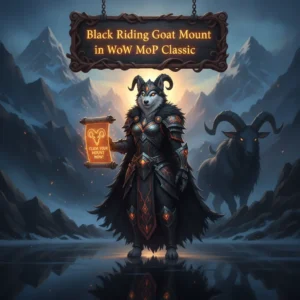Fantasy artwork of an anthropomorphic Husky character riding a black goat mount through a Mists of Pandaria-inspired landscape.