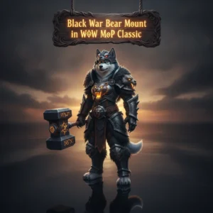 Fantasy game-inspired artwork featuring an anthropomorphic husky character mounted on a majestic black war bear, set in a Mists of Pandaria Classic-themed environment, representing mount acquisition content.