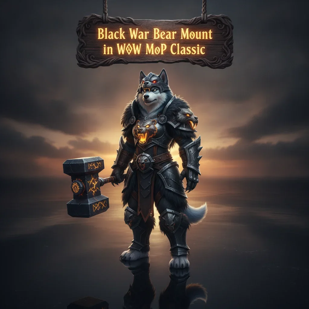 Fantasy game-inspired artwork featuring an anthropomorphic husky character mounted on a majestic black war bear, set in a Mists of Pandaria Classic-themed environment, representing mount acquisition content.