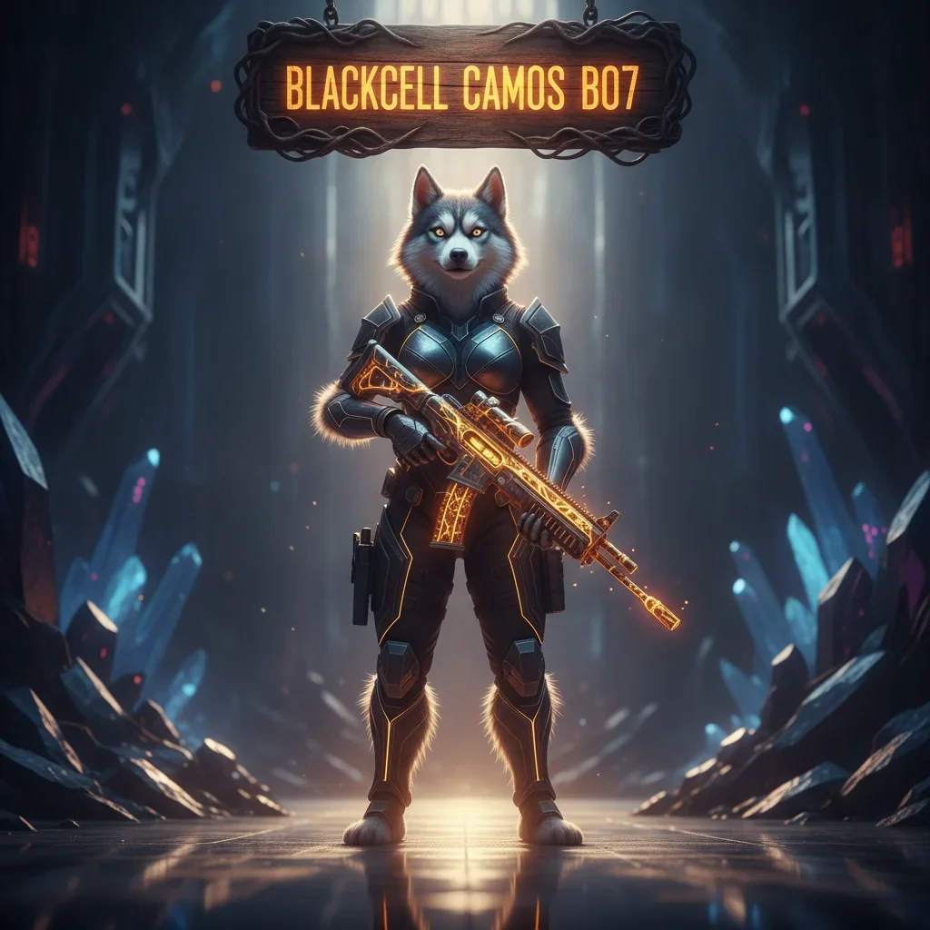 Anthropomorphic Husky in fantasy armor, set in a game-inspired environment, themed around Blackcell Camos unlocks and cosmetic content for Call of Duty Black Ops 7.