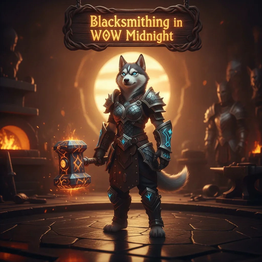 Fantasy artwork depicting an anthropomorphic husky character amidst a forge, themed around blacksmithing skill progression and equipment creation content.