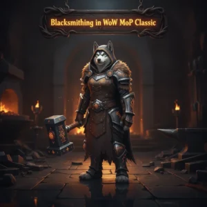 An anthropomorphic Husky character in fantasy armor standing near a forge, artwork inspired by WoW Mists of Pandaria Classic.