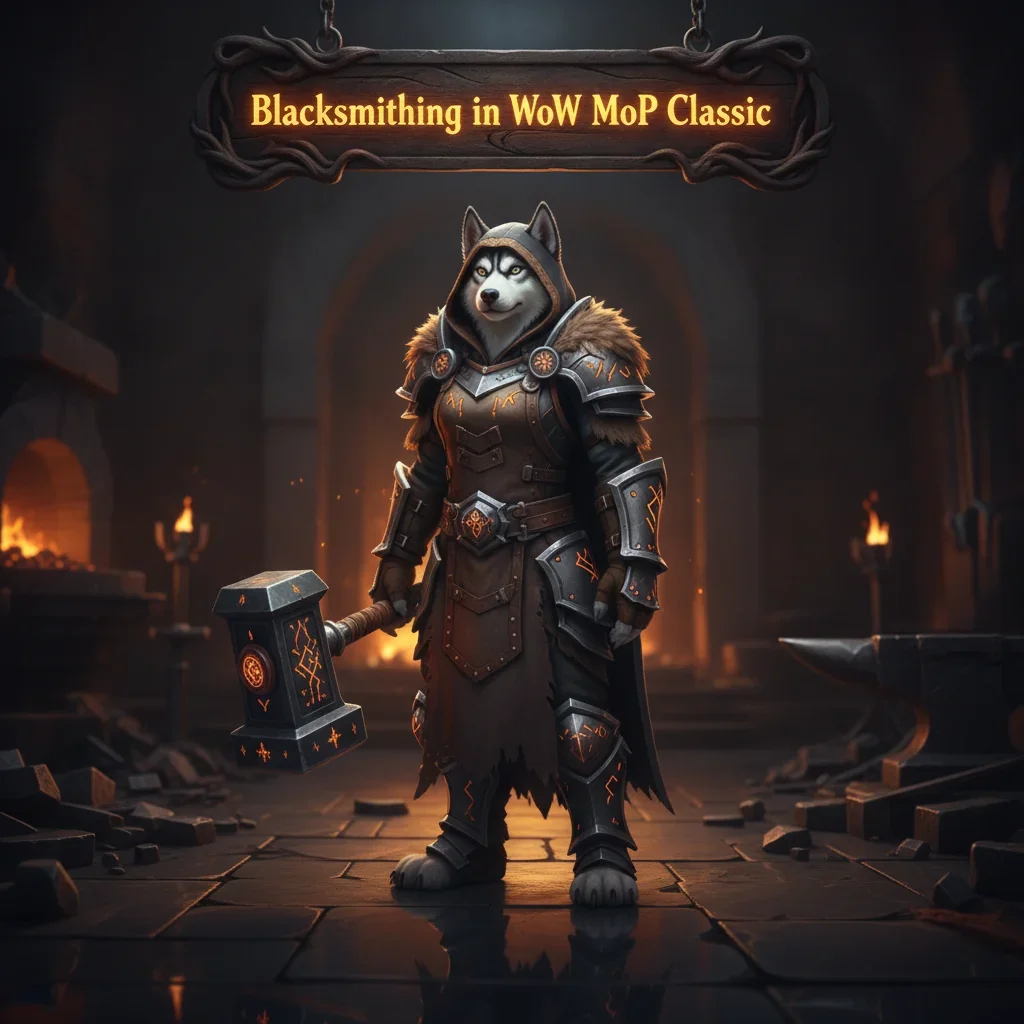 An anthropomorphic Husky character in fantasy armor standing near a forge, artwork inspired by WoW Mists of Pandaria Classic.