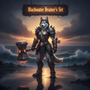 Anthropomorphic Husky character in a formidable fantasy armor set, representing the Blackwater Bruiser gear and its bonus objectives in World of Warcraft Midnight. The artwork is inspired by endgame equipment progression.