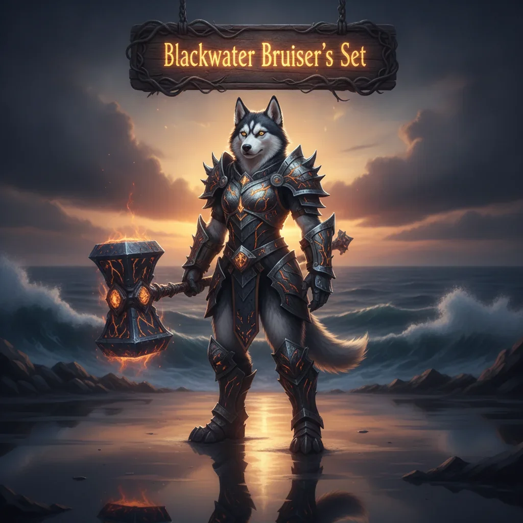 Anthropomorphic Husky character in a formidable fantasy armor set, representing the Blackwater Bruiser gear and its bonus objectives in World of Warcraft Midnight. The artwork is inspired by endgame equipment progression.