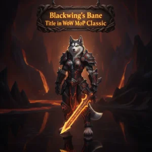 Fantasy artwork of an anthropomorphic Husky character themed around the Blackwing's Bane title in WoW Mists of Pandaria Classic.